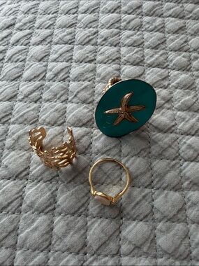 Gold and Teal Starfish Statement Rings Set of 3 - Women Accessories